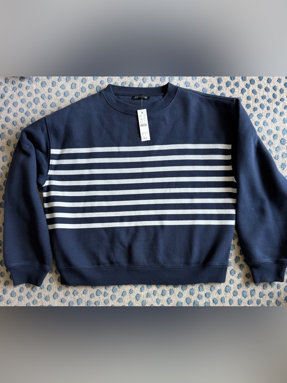 J. Crew Navy Crewneck Sweatshirt with White Horizontal Stripes